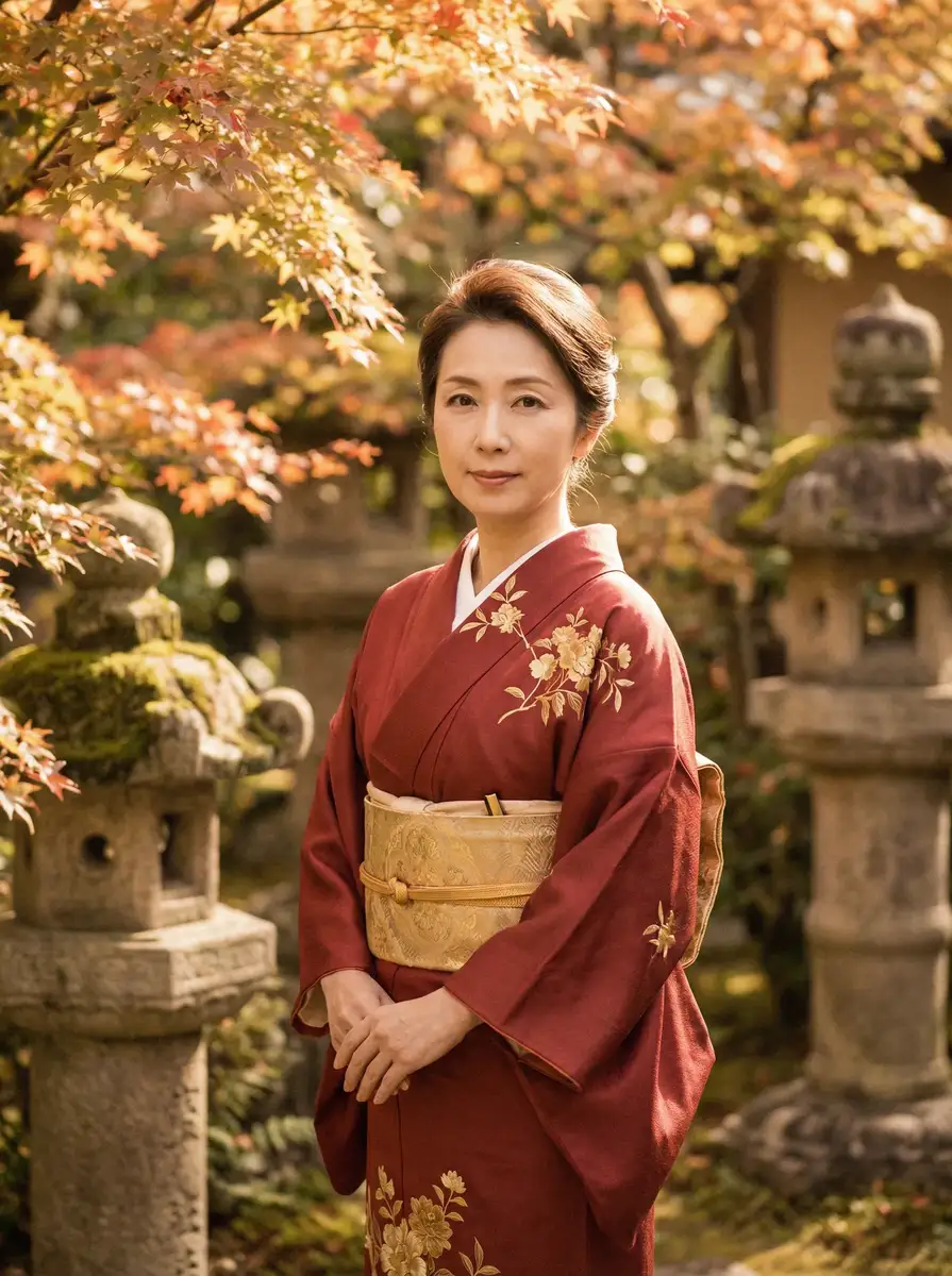 一位身穿暗红色和服的优雅 美里有纱 在日式庭院中