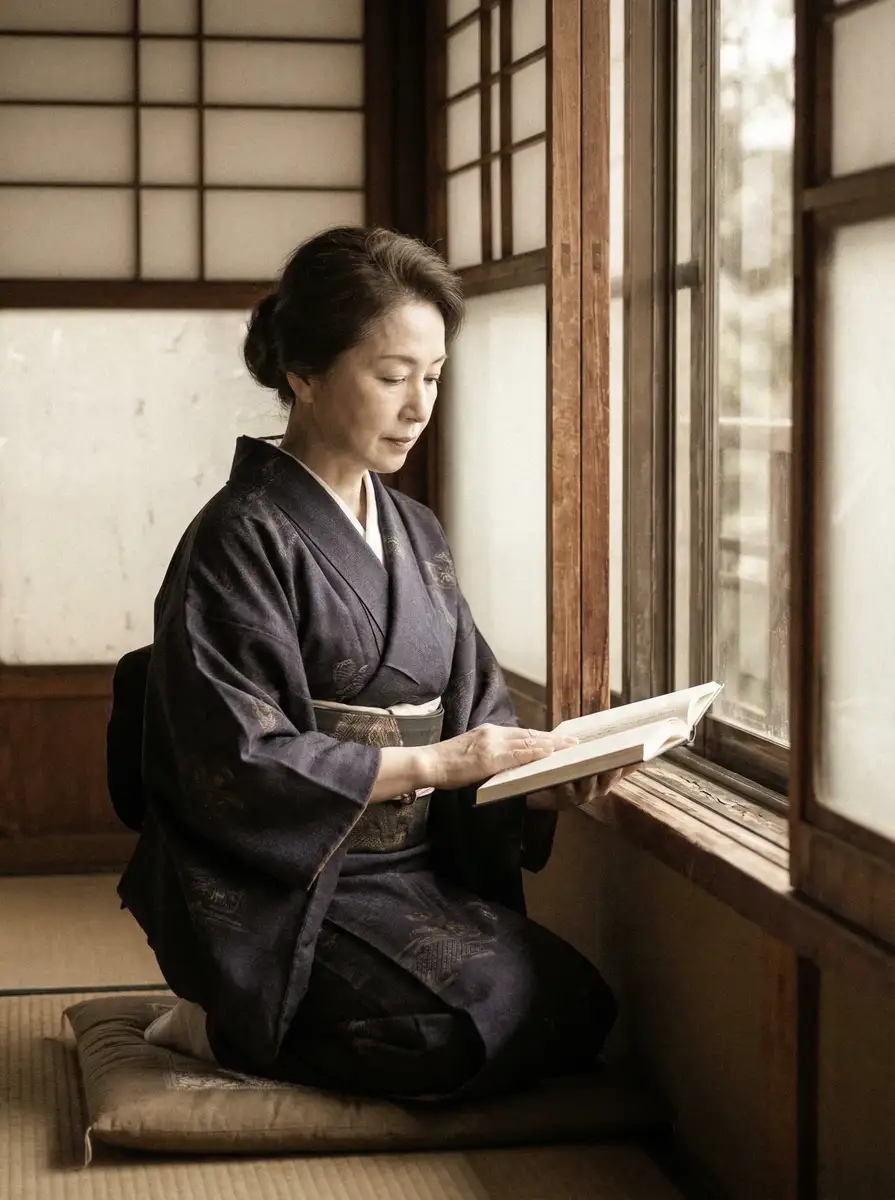 一位优雅的五十岁 美里有纱 身穿深蓝色和服，在窗边静读